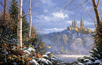 Holy Hill Sentinels, snow, artwork, winter, chickadees, painting, trees, church HD wallpaper