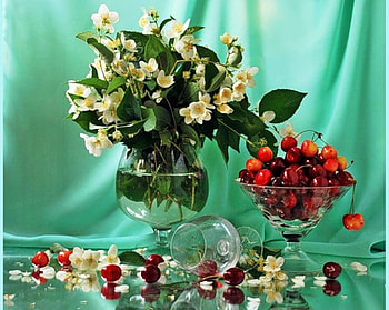 Still life, color, graphy, abstract, cherry, green, fruit, glasses, nature, flowers HD wallpaper