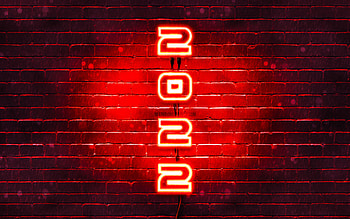 2022 on red background, vertical text, Happy New Year 2022, red brickwall, 2022 concepts, wires, 2022 new year, 2022 red neon digits, 2022 year digits HD wallpaper