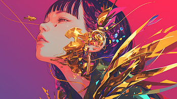 Anime Girl with Golden Wings Vaporwave, Anime, anime girl, vaporwave, Digital Art, woman HD wallpaper