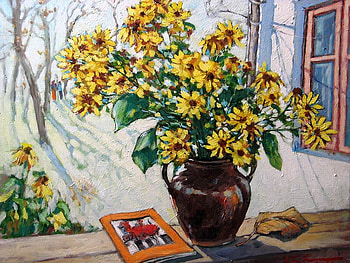 David Croitor, Dimineata de octombrie cu flori, still life, painting, window, art, flower, david croitor HD wallpaper