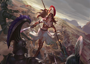 Athena, luminos, chen gang, goddess, war, art, girl, armor, fantasy, battle, warrior HD wallpaper