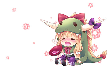Chibi girl, white, horns, long hair, simons, fang, ibuki suika, chibi, touhou, blonde hair, blush HD wallpaper