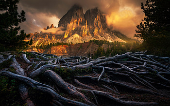 Window into the Apocalypse, Dolomites, clouds, trees, italy, alps, rocks, storm, dark HD wallpaper