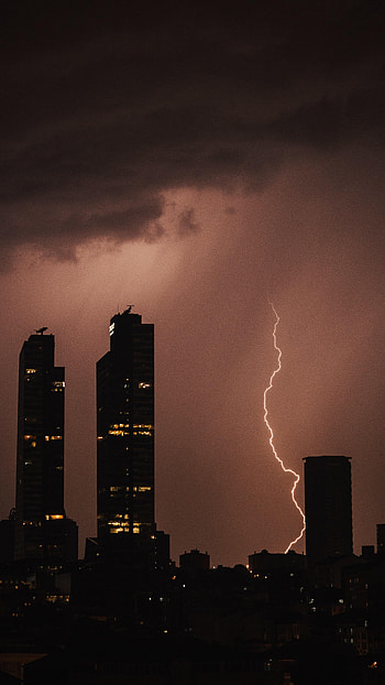 Cities, Sky, Lightning, Building, Night City HD phone wallpaper
