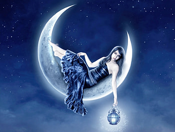 DREAMCATCHER, SKY, DRESS, STARS, FEMALE, MOON, BLUE HD wallpaper