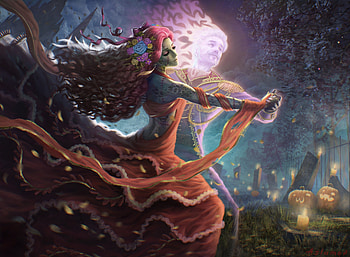 Undead Waltz, blue, art, dance, vampire, halloween, pink, andy aslamov, ghost, fantasy, red, zombie, couple, waltz HD wallpaper