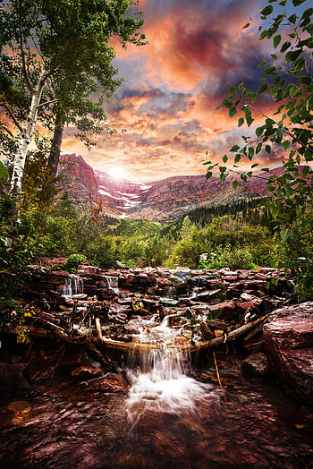 Landscape, Nature, Trees, Sunset, Mountains, Creek, Brook HD phone wallpaper