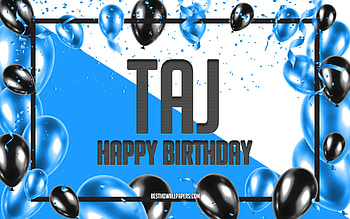 Happy Birtay Taj, Birtay Balloons Background, Taj, with names, Taj Happy Birtay, Blue Balloons Birtay Background, Taj Birtay HD wallpaper