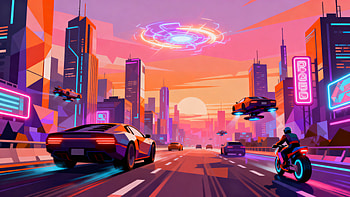 Neon Horizon — Cyberpunk Drive, Futuristic City, Sports Car, Motorcycle, Flying Car HD wallpaper