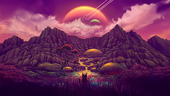 No Mans Sky Aurora Expanse, no-mans-sky, sky, moon, mountains, tree, alone, cat, art, digital-art, artist, artwork, artstation HD wallpaper