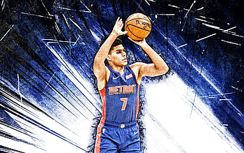 Killian Hayes, grunge art, Detroit Pistons, NBA, basketball, Killian Deron Antron Hayes, Killian Hayes Detroit Pistons, blue abstract rays, Killian Hayes HD wallpaper