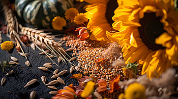 Still life with seeds, seed, wheat, sunflower, still life, macro HD wallpaper