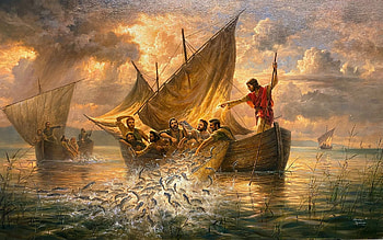 The Miracle of the Big Catch, people, boats, artwork, sea, painting, clouds, sky HD wallpaper