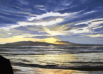Painting Sunset Corfu, Greece, sea, waves, clouds, sunset, rock HD wallpaper