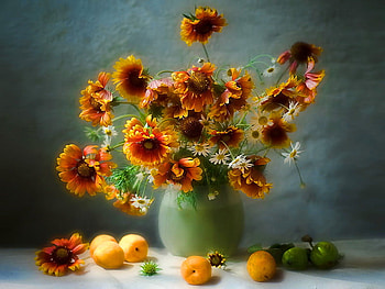 Still life, bouquet, vase, beautiful, fruits, nice, sunflowers, pretty, flowers, lovely, harmony HD wallpaper