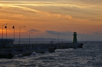 Sea, Nature, Sunset, Waves, Pier, Lighthouse HD wallpaper