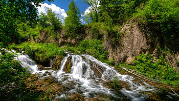 Roughlock Falls, Spearfish Canyon, South Dakota, river, landscape, clouds, cascades, trees, sky, forest, rocks, usa HD wallpaper
