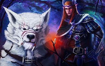 Knight and White Werewolf, night, blue, animal, black, werewolf, knight, game, beast, white, man, orange, tree, armor, purple, pink, boy, fantasy, light, red, fighter, creature HD wallpaper