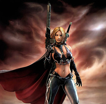 Bring it on ...., sword, fantasy, rifle, cloak, gun, warrior, female HD wallpaper