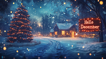 December, Hello December, path, christmas tree, christmas town HD wallpaper