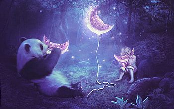 Magical Melons, night, blue, fantasy, glitter, girl, forest, melons, panda HD wallpaper