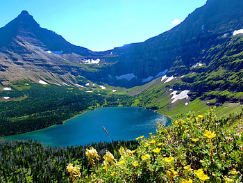 Mountain lake, blue, crystal, peaks, slope, beautiful, nice, mountain, lake, summer, shore, pretty, view, nature, flowers, clear, lovely HD wallpaper