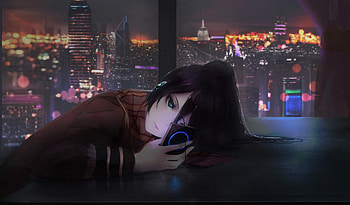 Anime girl using , cityscape, night, cute, art HD wallpaper