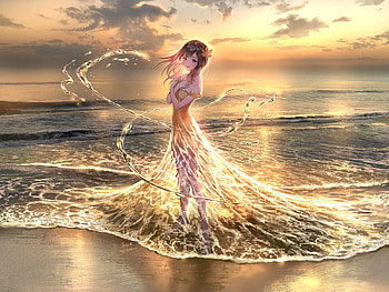 Sunset, manga, water, dress, beach, golden, sea, foo midori, girl, sunrise, summer, anime, vara HD wallpaper