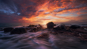 Sunset in Manzanillo Bay, Troncones, Mexico, sea, sky, color, rocks, clouds HD wallpaper