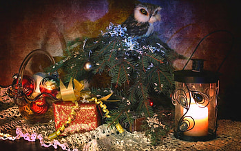 Merry Christmas!, craciun, figurine, orange, owl, decoration, candle, light, green, christmas HD wallpaper
