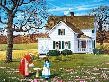 Early Arrivals, woman, house, painting, trees, girl, flowers, crocuses HD wallpaper