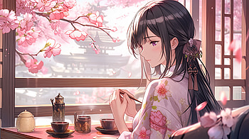 Anime Girl Serenity: Blossoms & Tea Moments, AI Art, Anime, girl, anime girl HD wallpaper