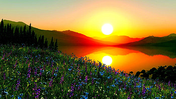 SUNSET GLORY, blue, purple, chamomile, nature, flowers, mountains, sun, reflections HD wallpaper