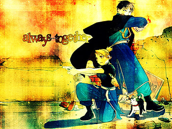 we stand together, blue, dog, roy, full, flames, mustang, alchemist, metal, hawkeye, together HD wallpaper