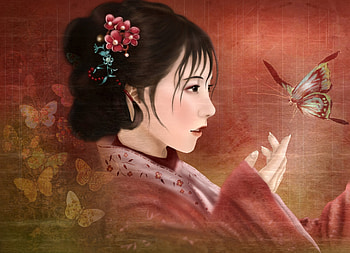 Red butterfly, kimono, fantasy, butterfly, art, asian, silentplum, face, girl HD wallpaper