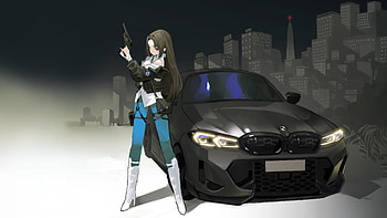 Modern Anime Girl With Bmw Supercar, anime-girl, bmw, gun, artist, artwork, art, digital-art, artstation HD wallpaper