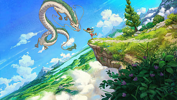 Chihiro And Haku, dragon, anime-boy, kid, field, sky, artist, artwork, art, digital-art, artstation HD wallpaper