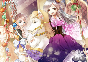 Carousel, winter, horse, aster leo, girl, dress, pink, snowflake, anime, christmas, manga HD wallpaper