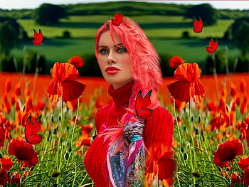 Ladies In Red 3, colorful, blue, vibrant, girl, butterflies, vivid, green, red, field, bright, bold, flowers HD wallpaper
