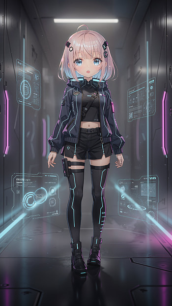 Neon Kawaii Cyber Girl — , Anime Girl, Pink Hair, Cyberpunk, Hologram, Thigh Highs HD phone wallpaper
