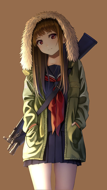 coat, long hair, brown hair, gun, school uniform, Anime, Original HD phone wallpaper