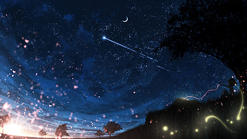 Anime Sunset: Stars Shine Over Digital Landscape, digital, Stars, landscape, sunset, Anime, anime landscape, anime sunset HD wallpaper