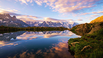 Sunrise over the Mont Blanc range, France, reflections, lake, clouds, sky, alps, water HD wallpaper