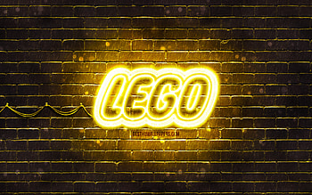 LEGO yellow logo, , yellow brickwall, LEGO logo, brands, LEGO neon logo, LEGO HD wallpaper