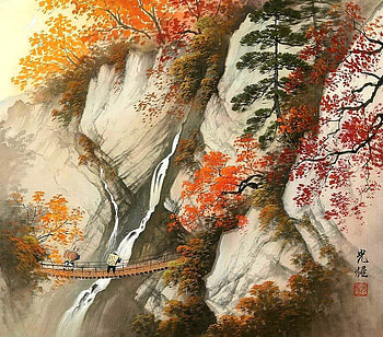 The mountains and water. ... the author does not know., painting, art, man, bridge, mountain HD wallpaper