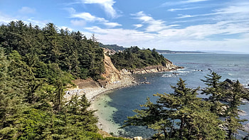 Coos Bay, Oregon, sea, coast, trees, sky, usa, cloud HD wallpaper