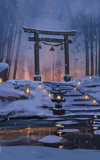 Japanese Shrine Lit Up by Laterns in a Cold, Snowy Night, bamboo, night, lantern, winter, snow, torii, Anime, winter anime, anime night, winter night, night snow HD phone wallpaper