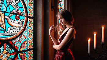 Women Indoors Stained Glass Lights, girls, model HD wallpaper