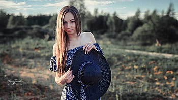 Girl Model Is Holding Big Hat Wearing Blue Dress Sitting In Blur Nature Background Girls HD wallpaper